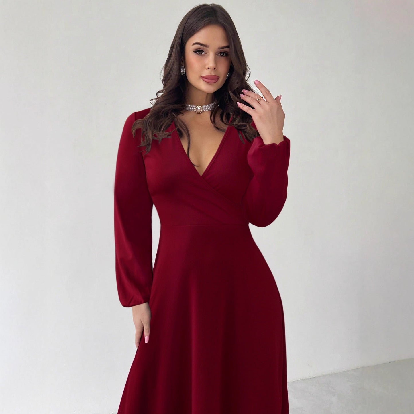 A-Line Maxi Dress with V-Neck and Lantern Sleeves