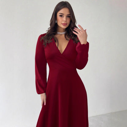 A-Line Maxi Dress with V-Neck and Lantern Sleeves