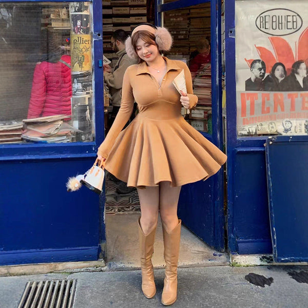 A-Line Pleated Mini Dress with Polo Collar and Long Sleeves