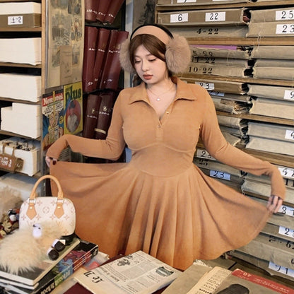 A-Line Pleated Mini Dress with Polo Collar and Long Sleeves