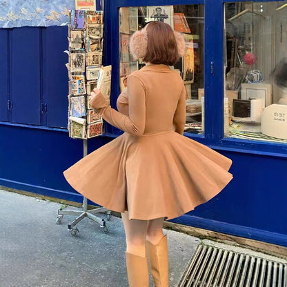 A-Line Pleated Mini Dress with Polo Collar and Long Sleeves