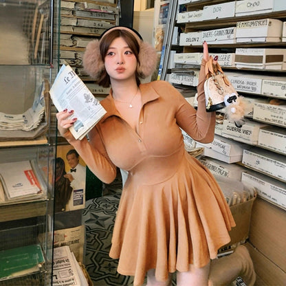 A-Line Pleated Mini Dress with Polo Collar and Long Sleeves