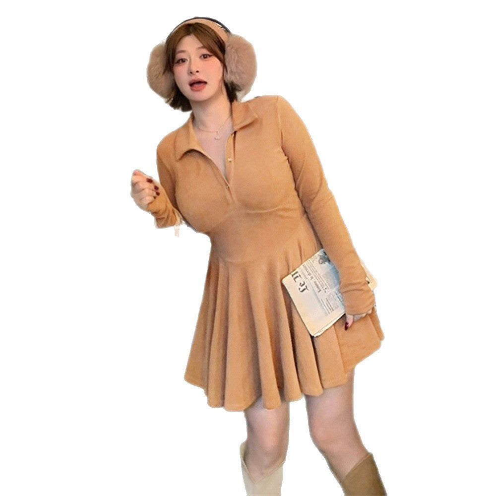 A-Line Pleated Mini Dress with Polo Collar and Long Sleeves