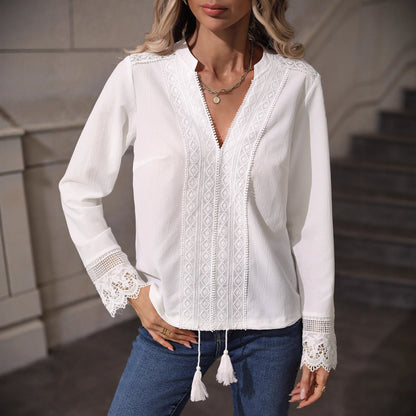 V-Neck Long Sleeve Blouse with Lace Trim and Tassels