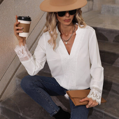 V-Neck Long Sleeve Blouse with Lace Trim and Tassels