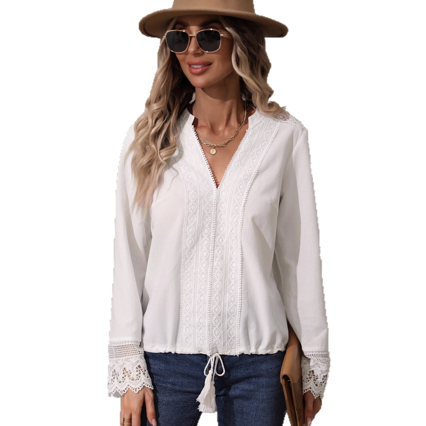 V-Neck Long Sleeve Blouse with Lace Trim and Tassels