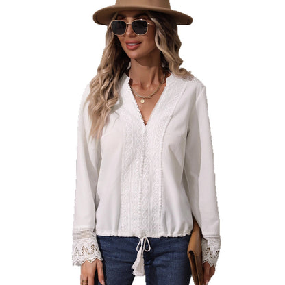 V-Neck Long Sleeve Blouse with Lace Trim and Tassels