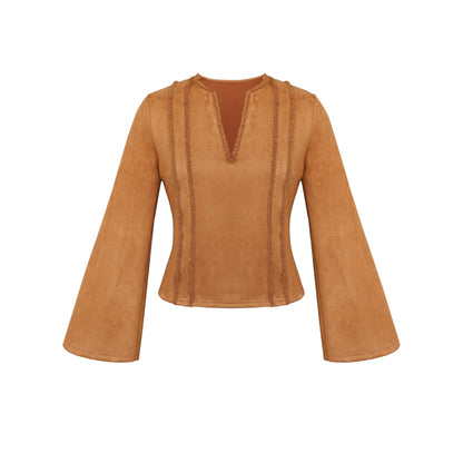 Faux Suede A-Line Two-Piece Skirt Set with Bell Sleeves