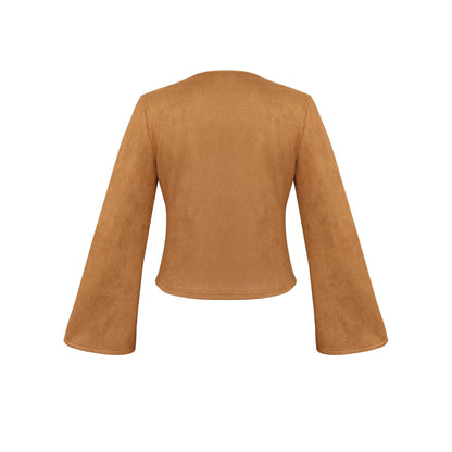 Faux Suede A-Line Two-Piece Skirt Set with Bell Sleeves