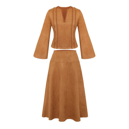 Faux Suede A-Line Two-Piece Skirt Set with Bell Sleeves