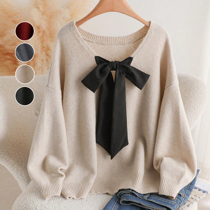 Loose V-Neck Knit Sweater with Oversized Bow Tie