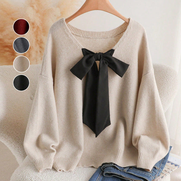 Loose V-Neck Knit Sweater with Oversized Bow Tie