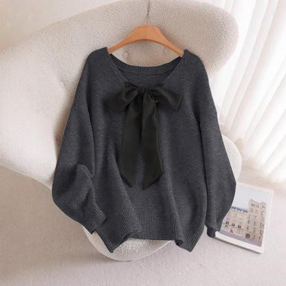 Loose V-Neck Knit Sweater with Oversized Bow Tie