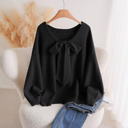 Loose V-Neck Knit Sweater with Oversized Bow Tie