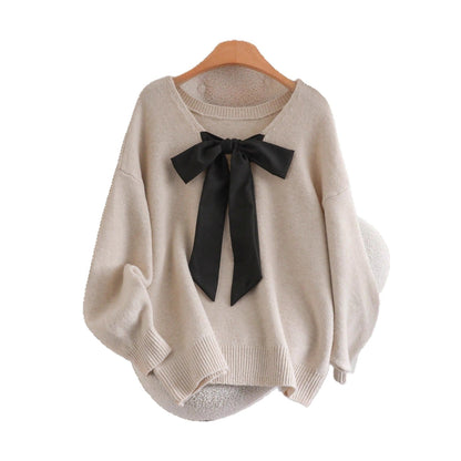 Loose V-Neck Knit Sweater with Oversized Bow Tie