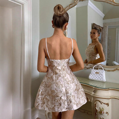 Floral Jacquard A-Line Mini Dress with Square Neck