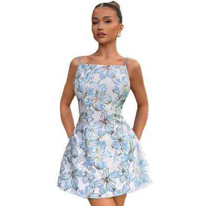 Floral Jacquard A-Line Mini Dress with Square Neck