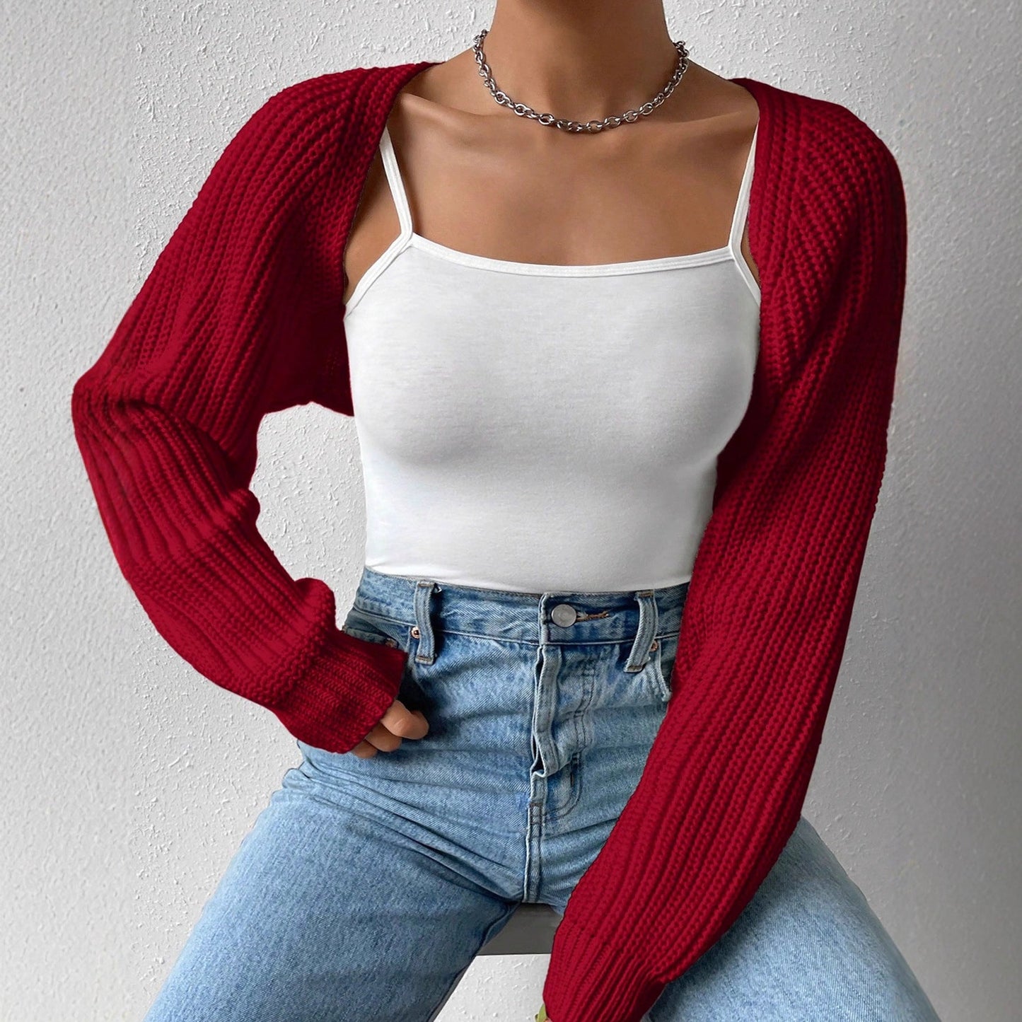 Cropped Ribbed Knit Shrug with Long Sleeves