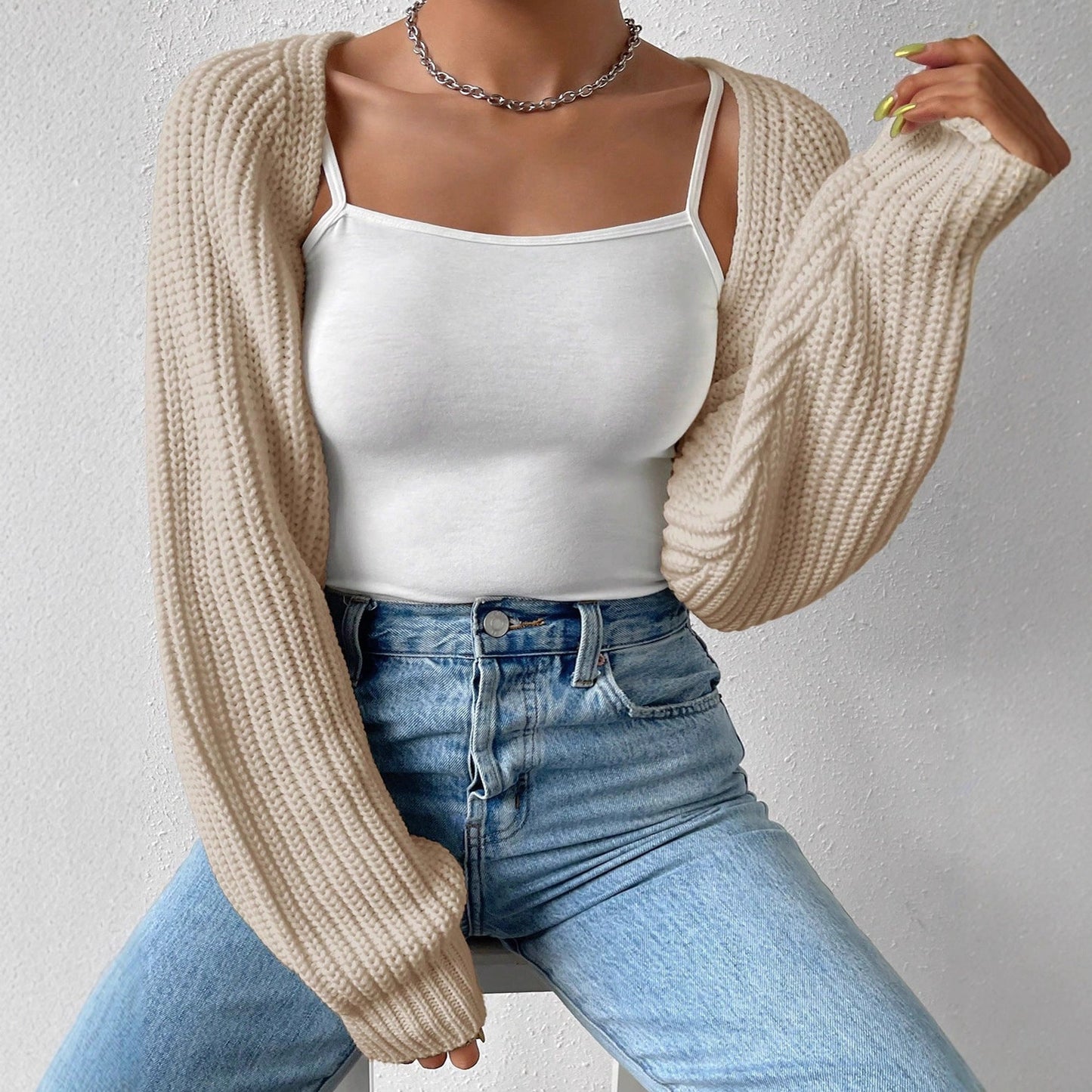 Cropped Ribbed Knit Shrug with Long Sleeves