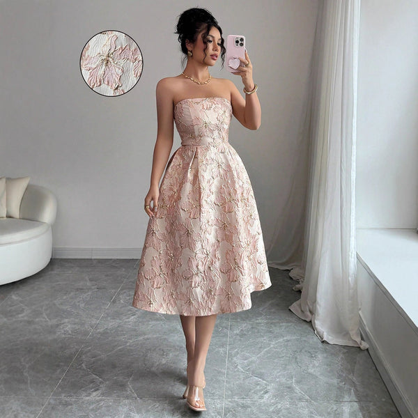 Strapless Floral Jacquard A-Line Dress with High Waist