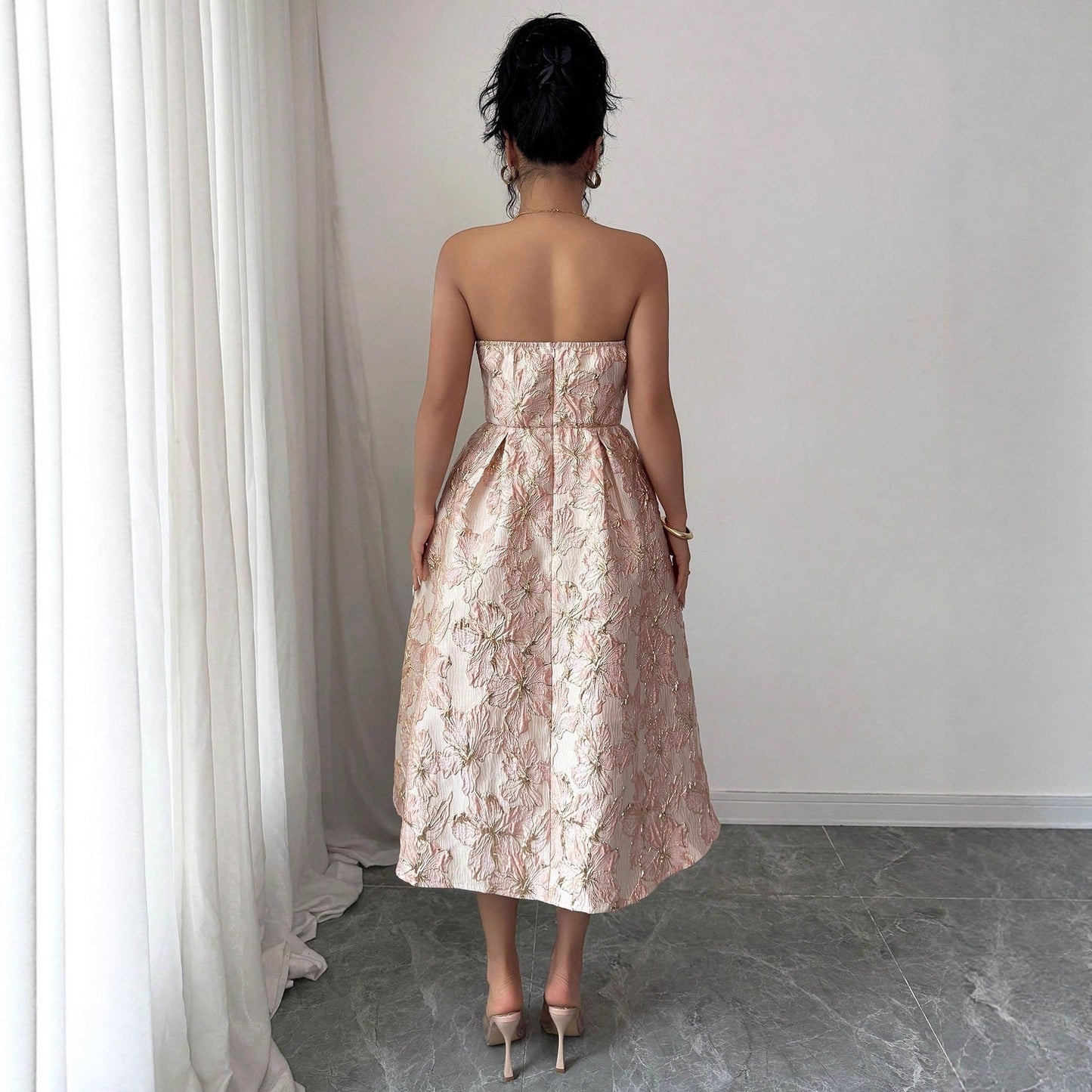 Strapless Floral Jacquard A-Line Dress with High Waist