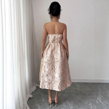 Strapless Floral Jacquard A-Line Dress with High Waist