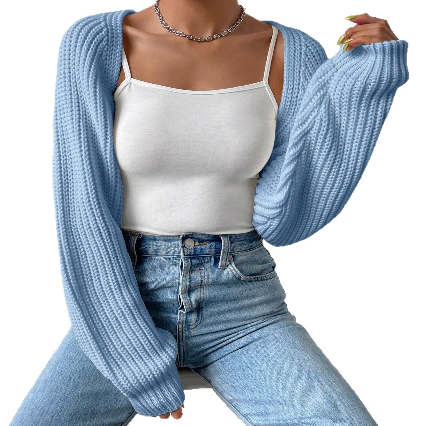 Cropped Ribbed Knit Shrug with Long Sleeves