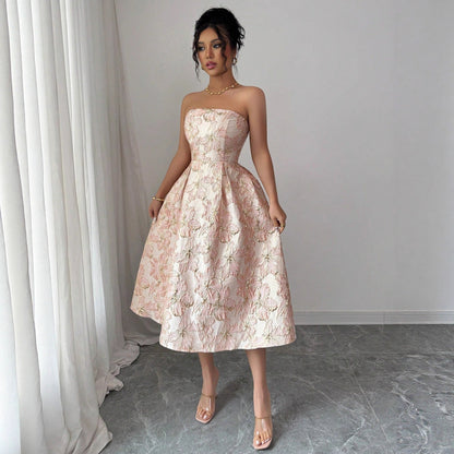 Strapless Floral Jacquard A-Line Dress with High Waist