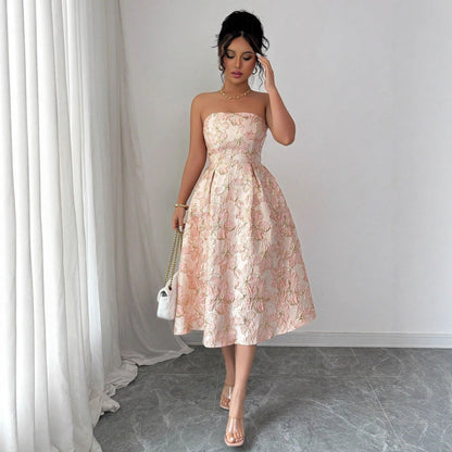 Strapless Floral Jacquard A-Line Dress with High Waist