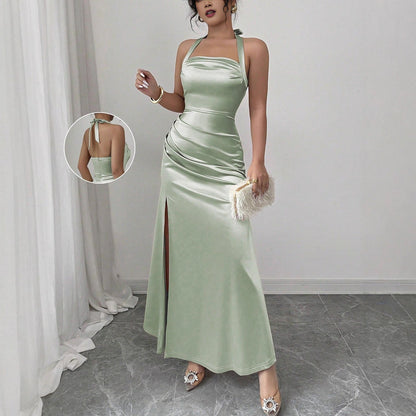 Ruched Satin Maxi Dress with Halterneck and Side Slit