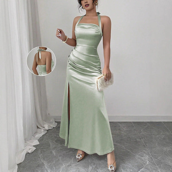 Ruched Satin Maxi Dress with Halterneck and Side Slit
