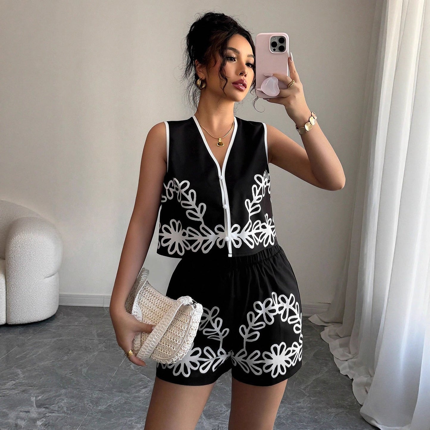 Floral Embroidery Print Two-Piece Shorts Set with Contrast Trim