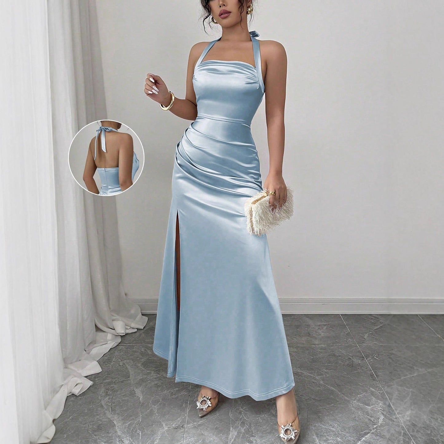 Ruched Satin Maxi Dress with Halterneck and Side Slit