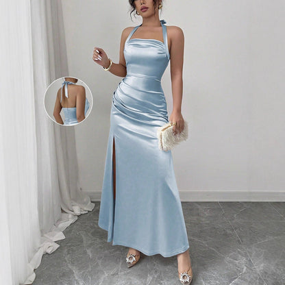 Ruched Satin Maxi Dress with Halterneck and Side Slit