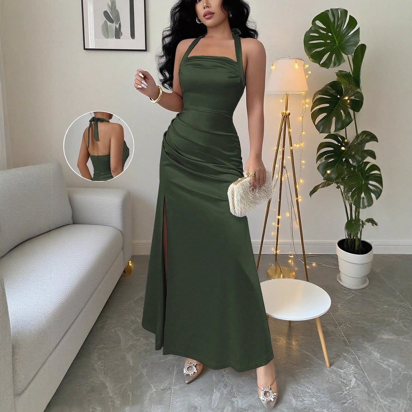 Ruched Satin Maxi Dress with Halterneck and Side Slit