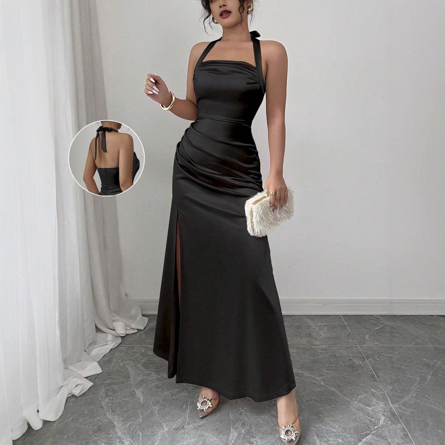 Ruched Satin Maxi Dress with Halterneck and Side Slit
