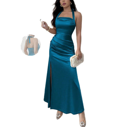 Ruched Satin Maxi Dress with Halterneck and Side Slit