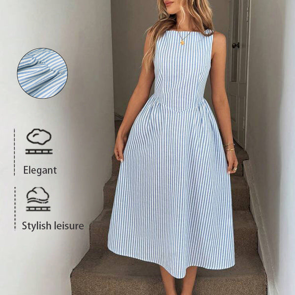 Striped Sleeveless A-Line Dress with High Pointed Waist