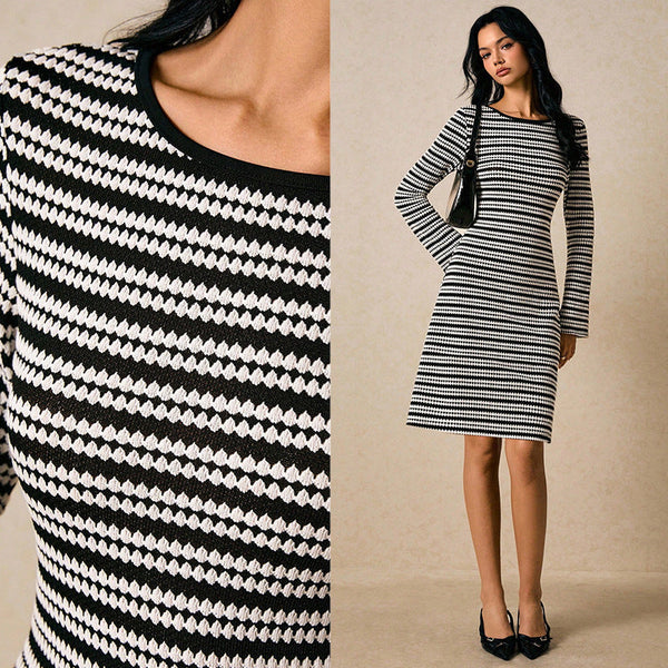 Striped Knit Fit-and-Flare Dress with Long Sleeves