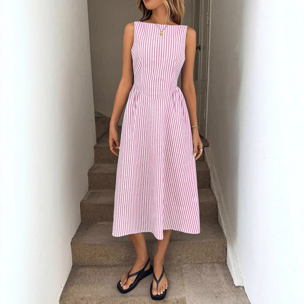 Striped Sleeveless A-Line Dress with High Pointed Waist