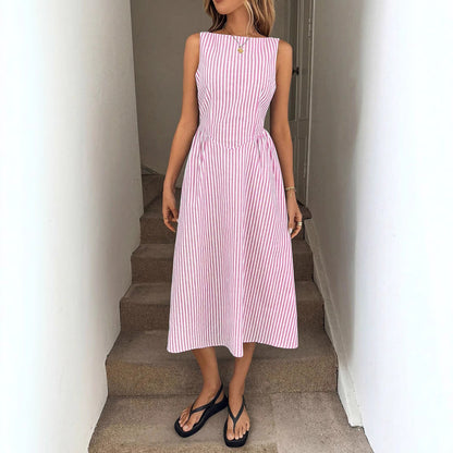 Striped Sleeveless A-Line Dress with High Pointed Waist