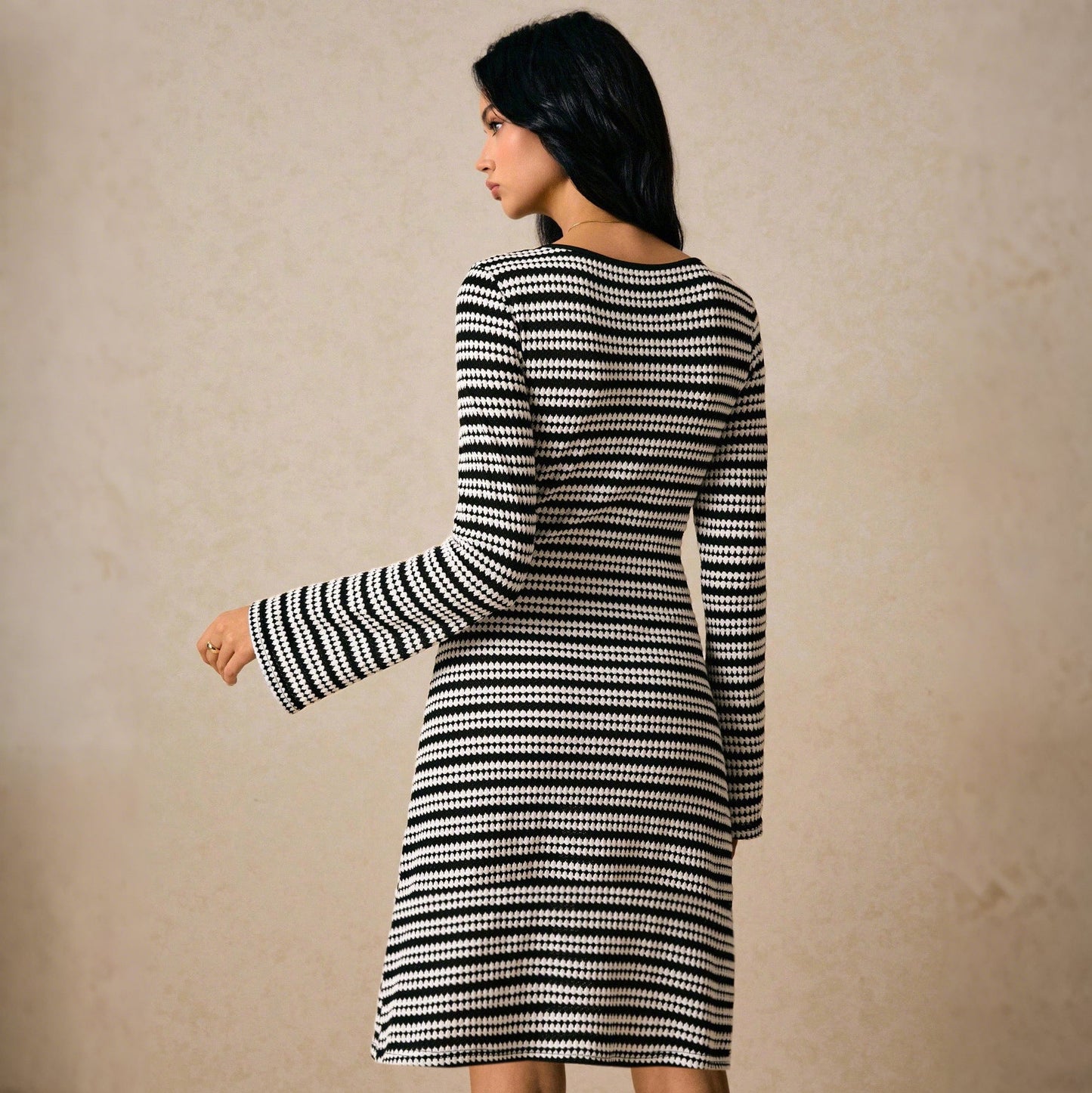 Striped Knit Fit-and-Flare Dress with Long Sleeves