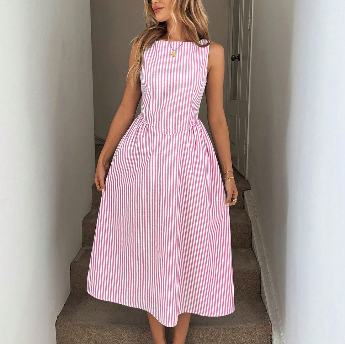 Striped Sleeveless A-Line Dress with High Pointed Waist