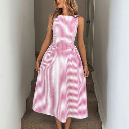 Striped Sleeveless A-Line Dress with High Pointed Waist