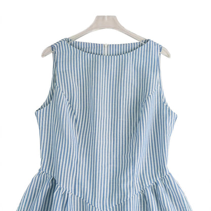 Striped Sleeveless A-Line Dress with High Pointed Waist