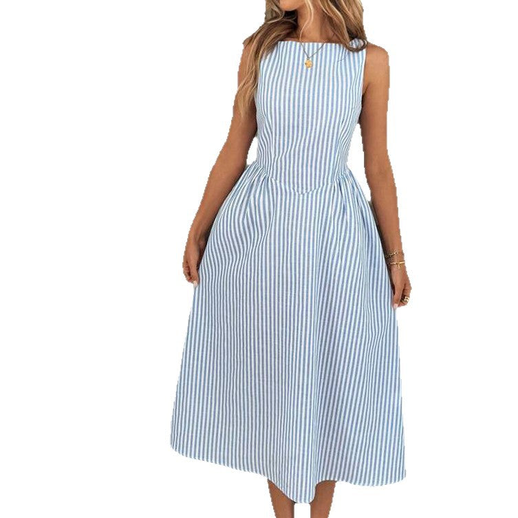 Striped Sleeveless A-Line Dress with High Pointed Waist