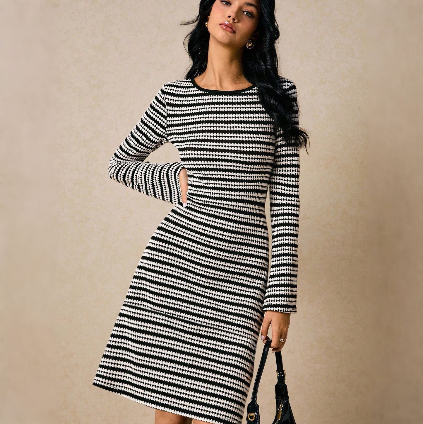 Striped Knit Fit-and-Flare Dress with Long Sleeves