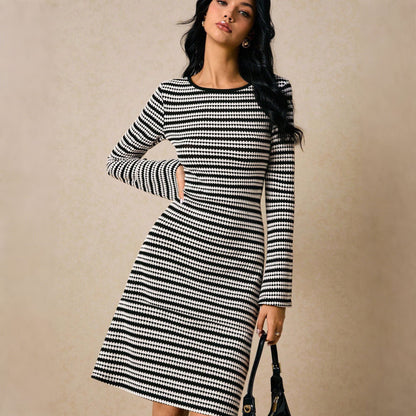 Striped Knit Fit-and-Flare Dress with Long Sleeves