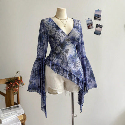 Butterfly Print V-Neck Top with Bell Sleeves and Asymmetric Hem