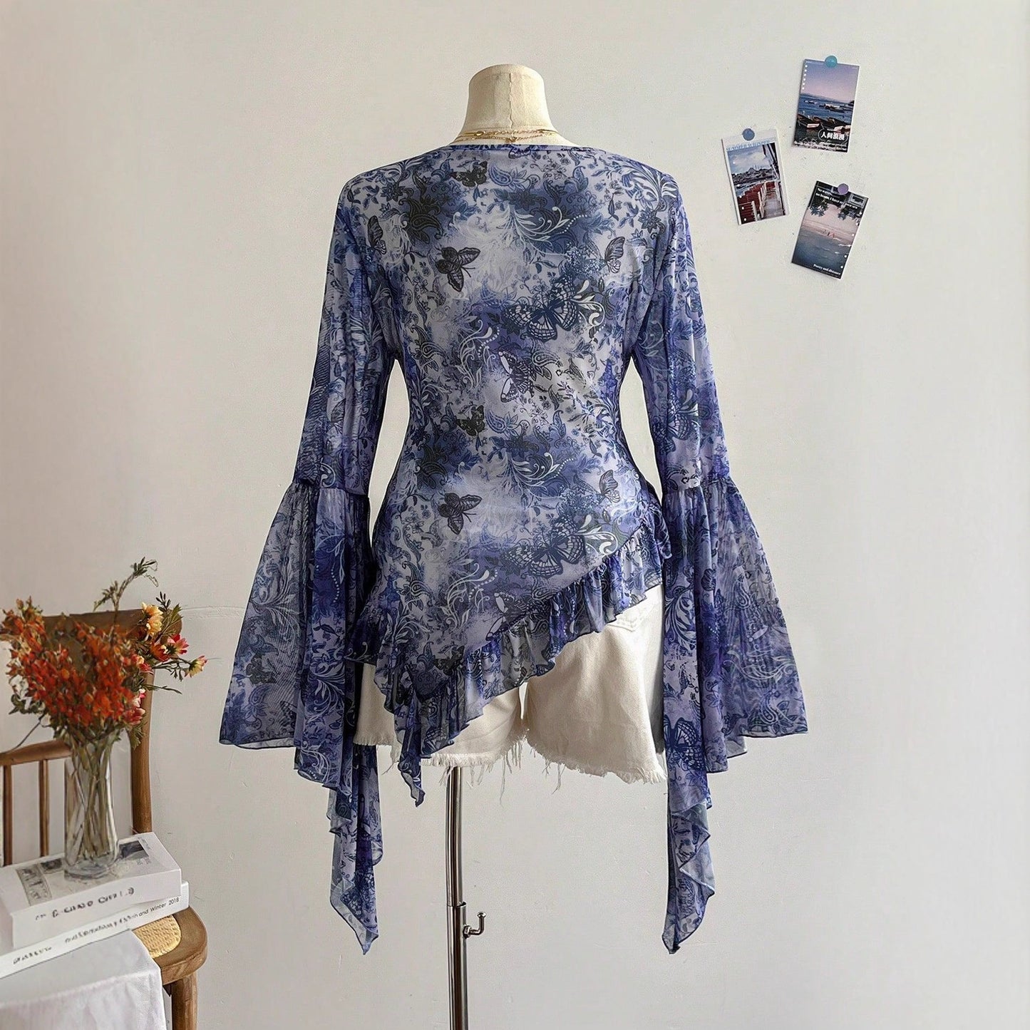 Butterfly Print V-Neck Top with Bell Sleeves and Asymmetric Hem